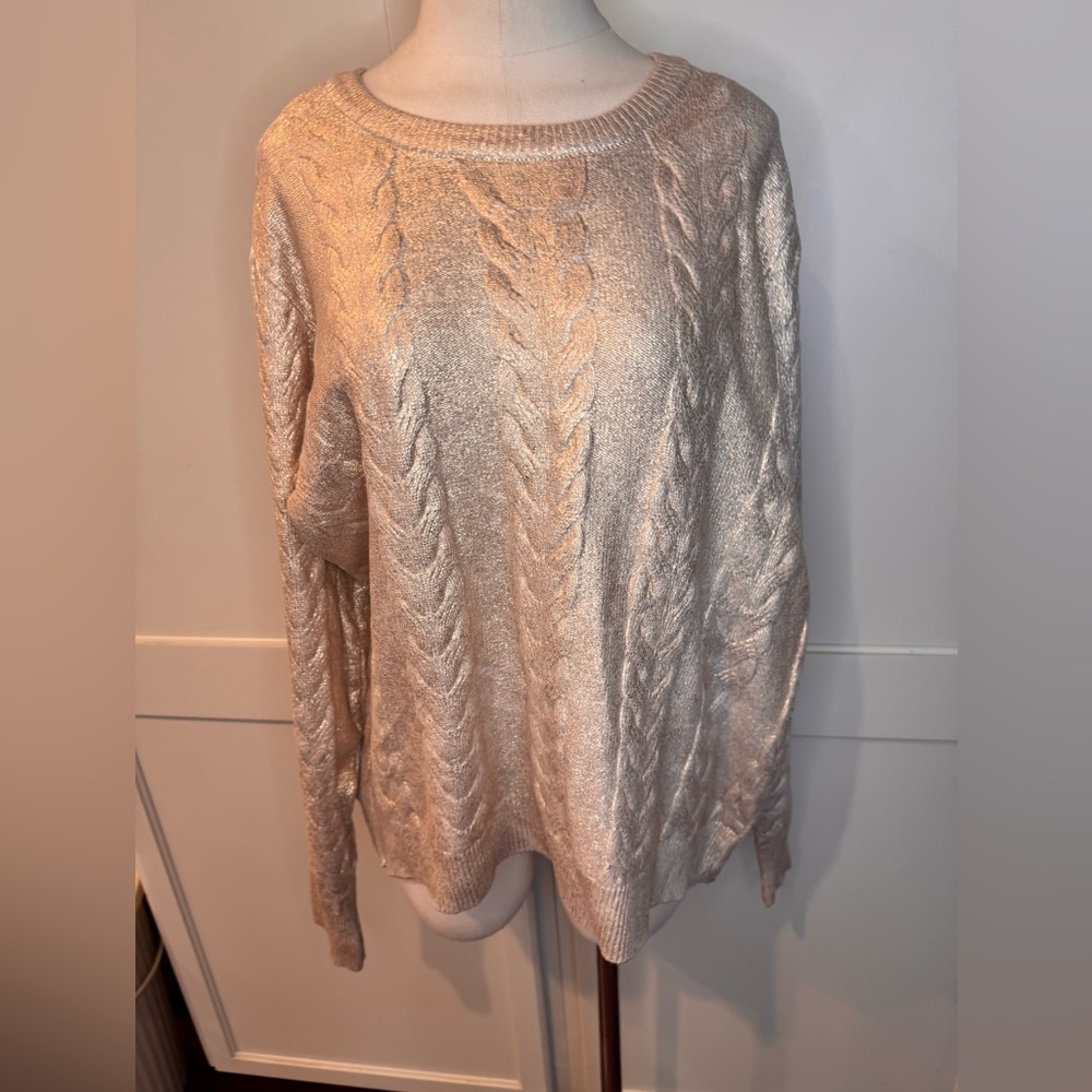 Elegant Cream and Gold Cable Knit Sweater